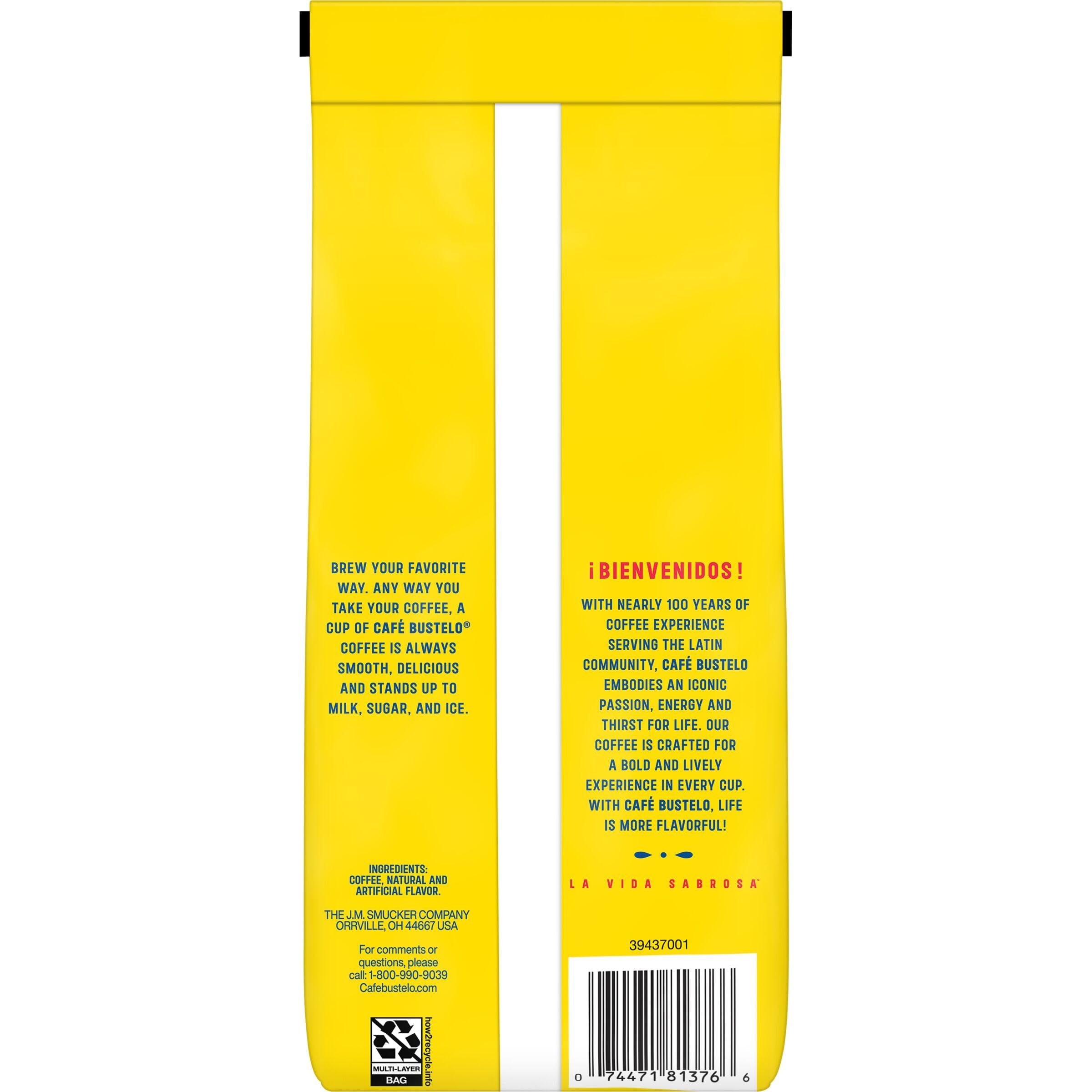 Café Bustelo bolsa abierta con cuchara lista para preparar, conveniencia visible