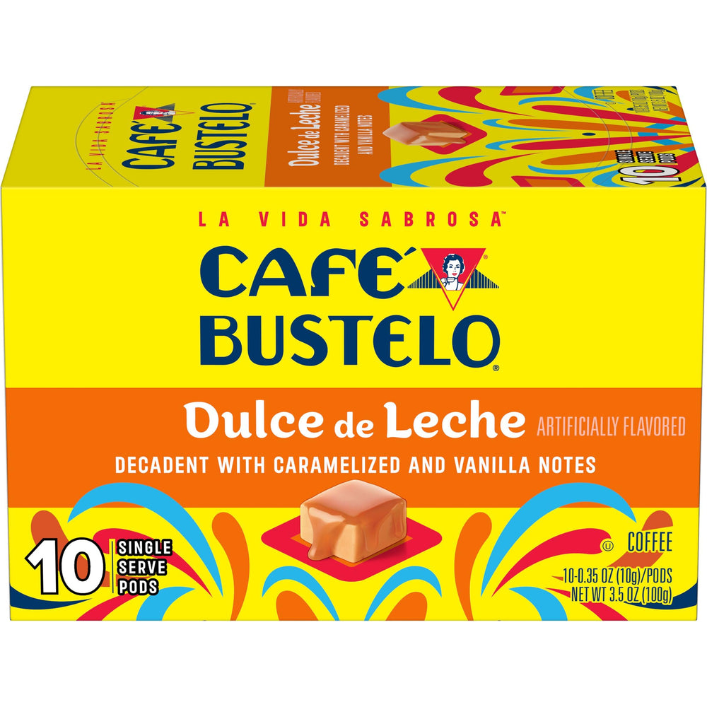 Café Bustelo caja frontal Dulce de Leche mostrando diseño y beneficio conveniencia