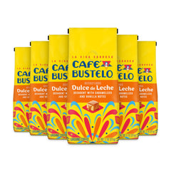 Café Bustelo frente del empaque mostrando marca y sabor dulce de leche