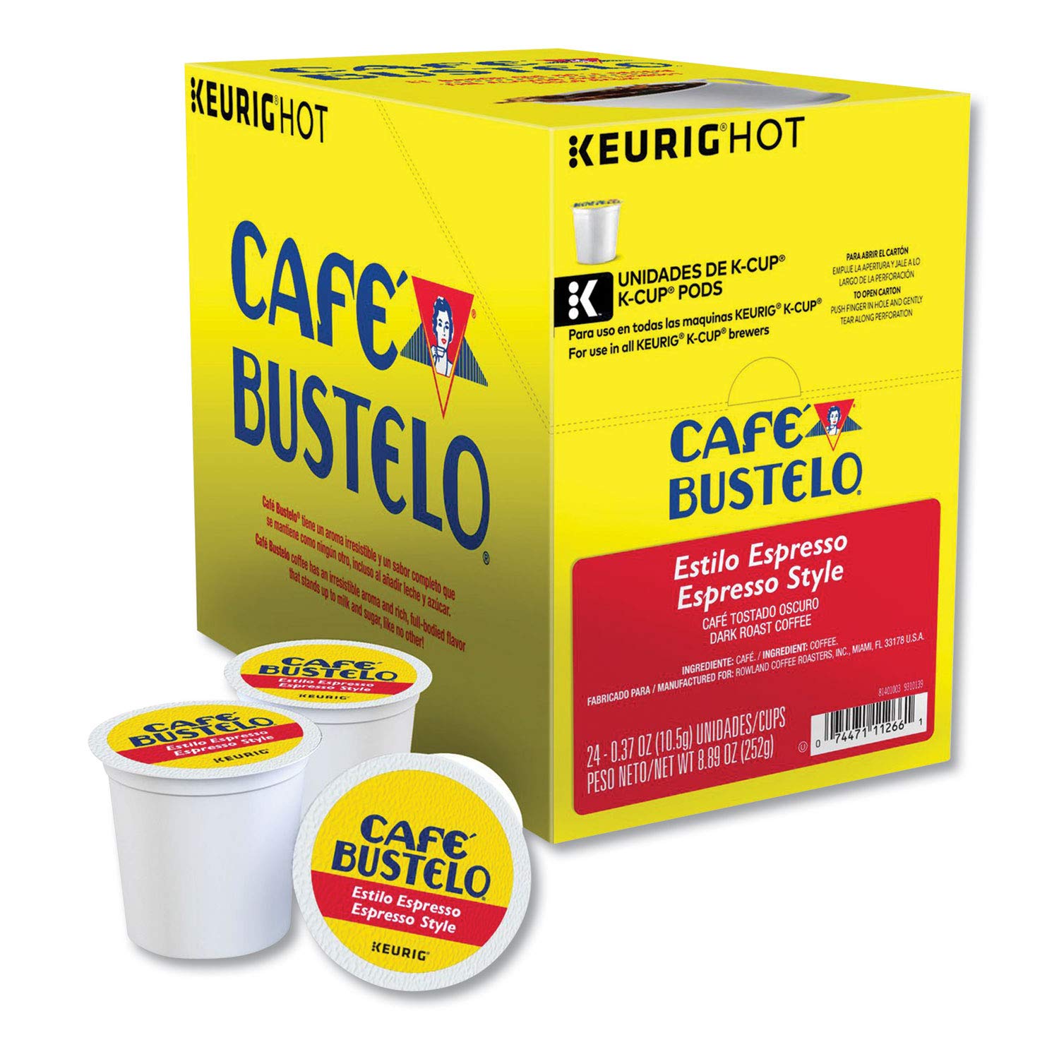 Cafe Bustelo cápsula K-Cup en primer plano, detalle de sello y frescura