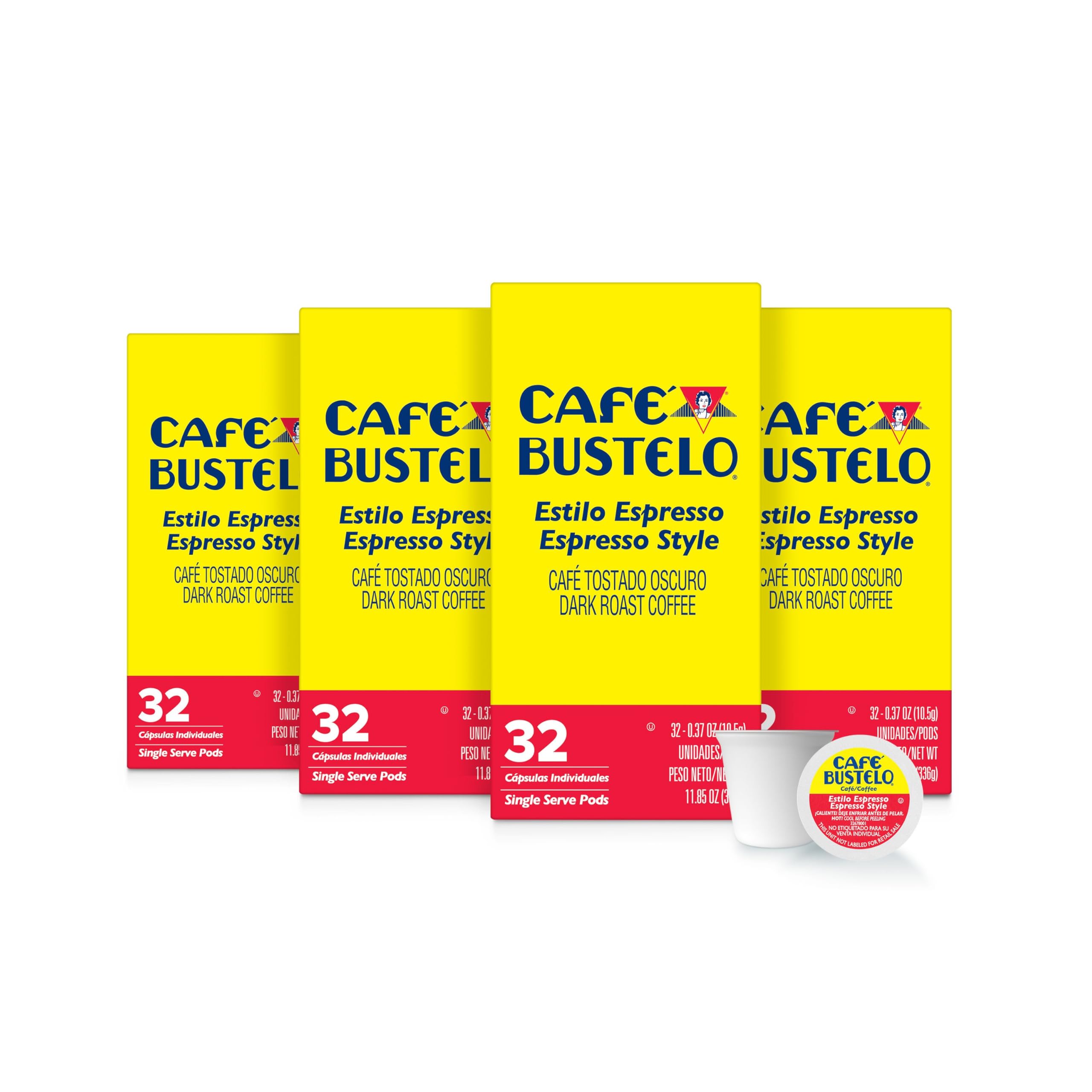 Café Bustelo paquete frontal mostrando las 4 cajas y conveniencia