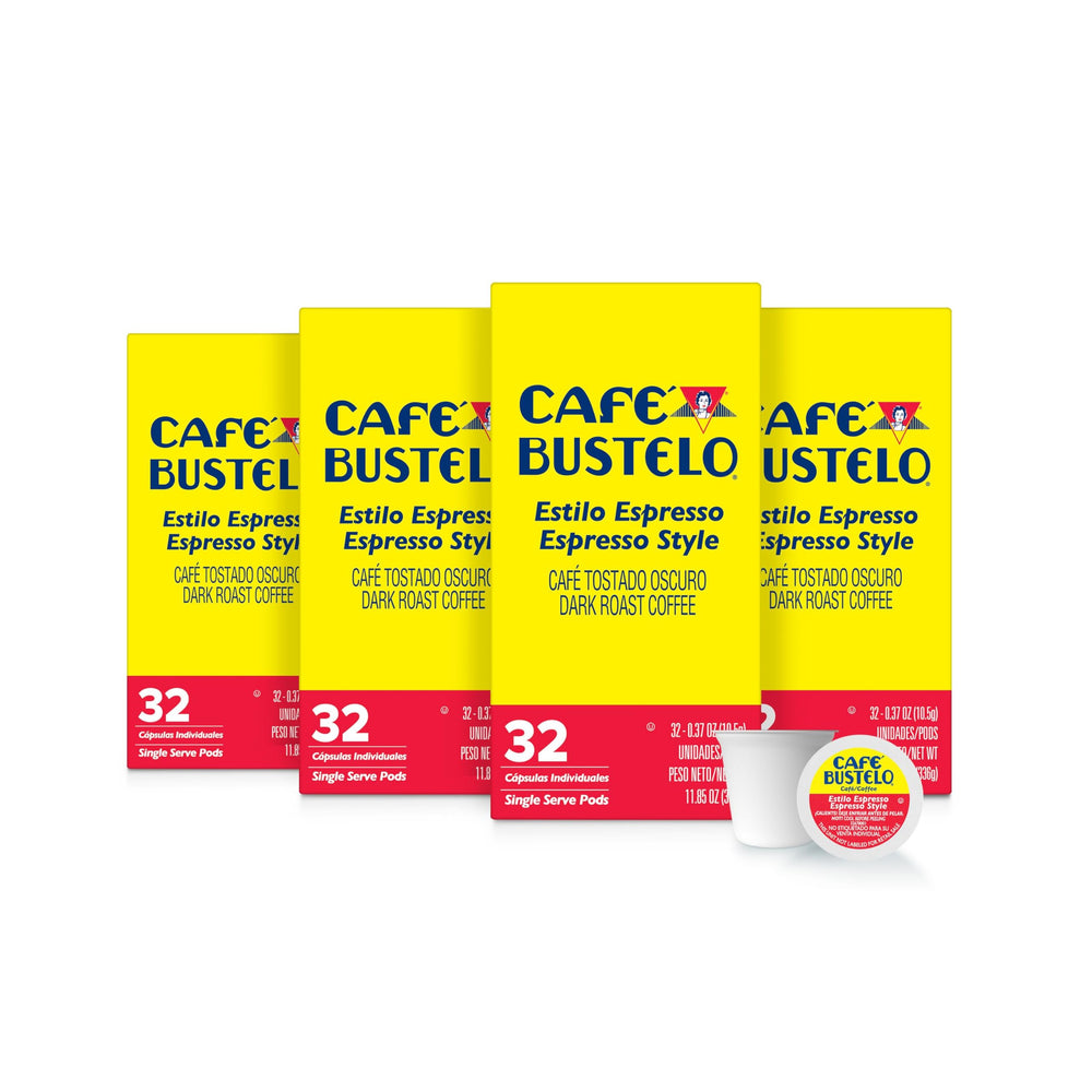 Café Bustelo paquete frontal mostrando las 4 cajas y conveniencia
