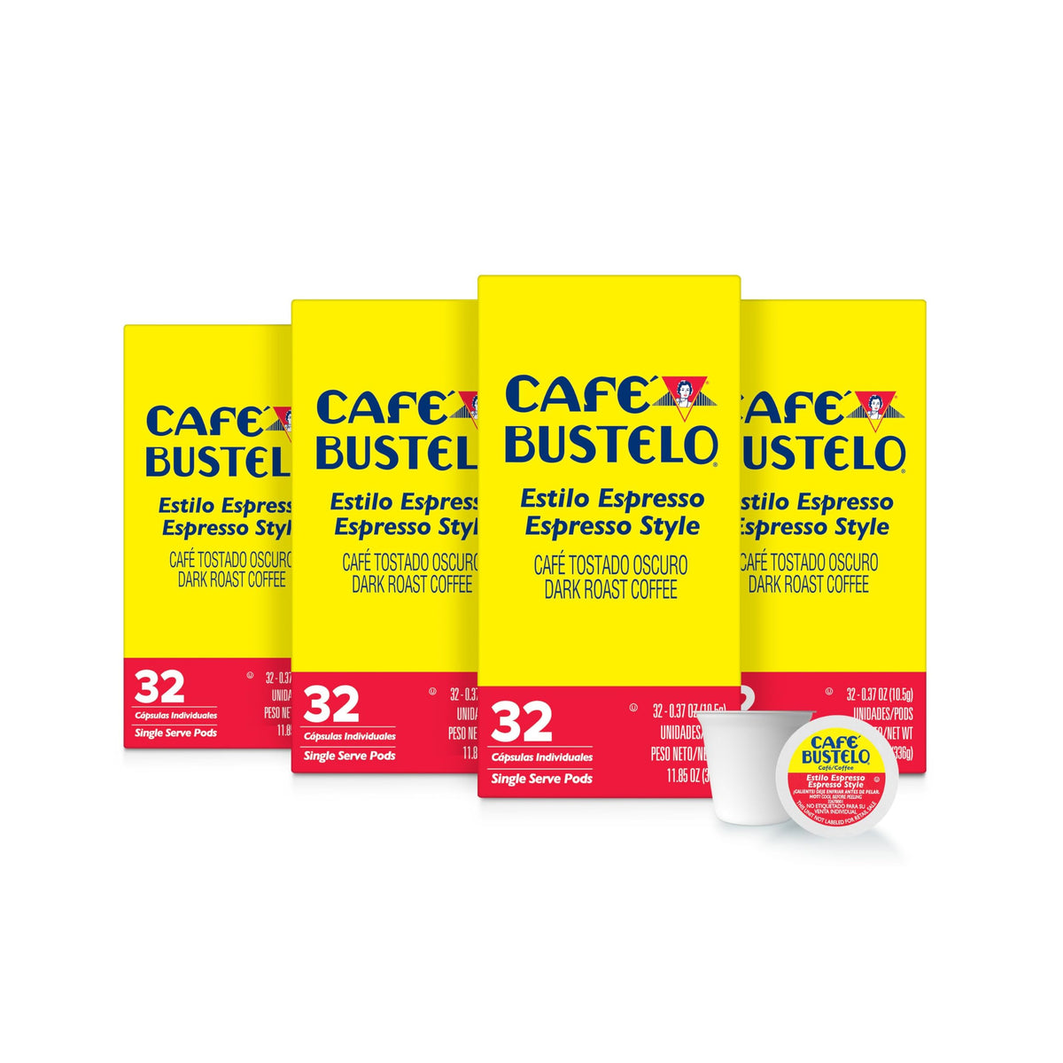 Café Bustelo paquete frontal mostrando las 4 cajas y conveniencia