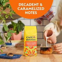 Café Bustelo servido en taza caliente con espuma, sabor reconfortante