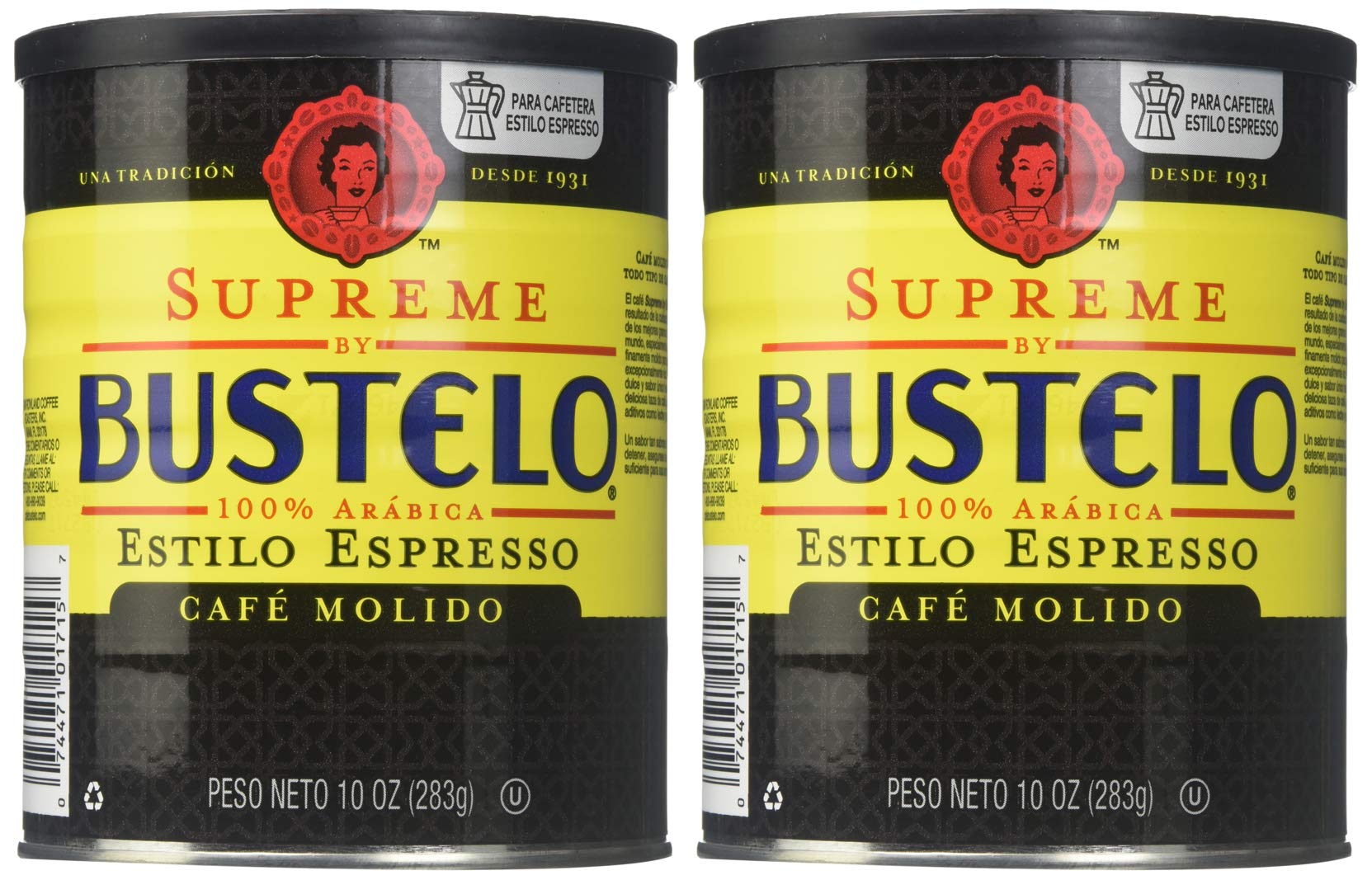 Cafe Bustelo pack de dos latas comparado con taza para escala