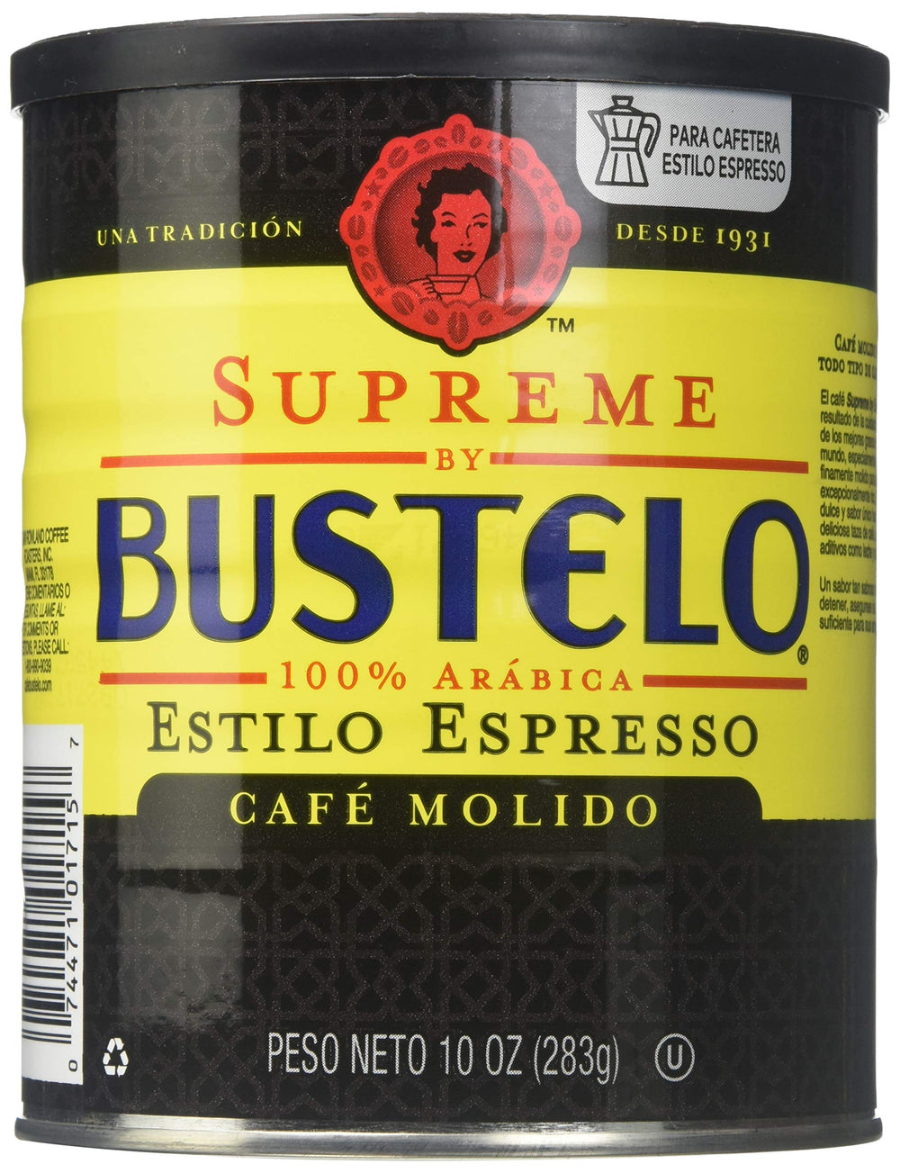 Cafe Bustelo lata frontal mostrando diseño y conveniencia