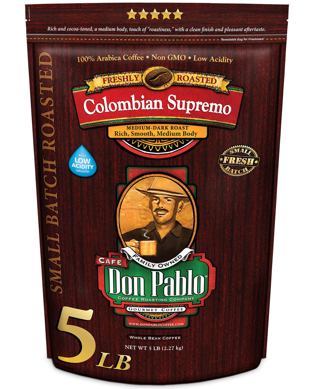 Cafe Don Pablo empaque frontal de 5 lb mostrando marca y tipo colombiano supremo para ahorro