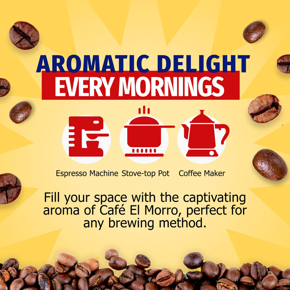 Café El Morro lata junto a taza para comparar tamaño y cantidad de 36 oz