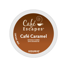 Café Escapes detalle de cápsula y superficie brillante, resalta calidad y sello compatible Keurig