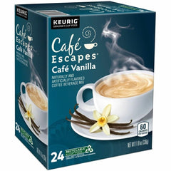 Café Escapes paquete de 24 junto a una taza para comparar tamaño y cantidad