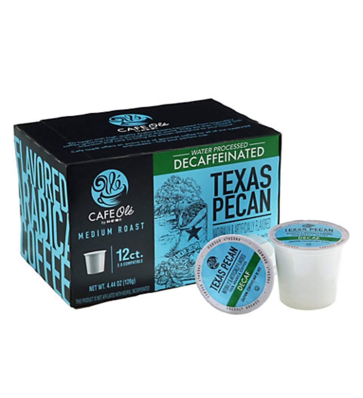 Cafe Ole empaque frontal mostrando sabor texas pecan, conveniencia y aroma