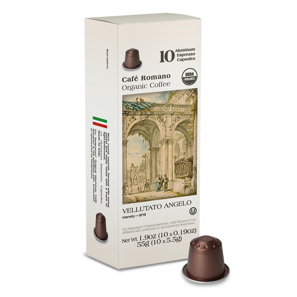 Café Romano cápsula aluminio frontal mantiene aroma y extracción consistente