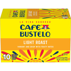 Café Bustelo empaque frontal mostrando 10 cápsulas y facilidad de uso