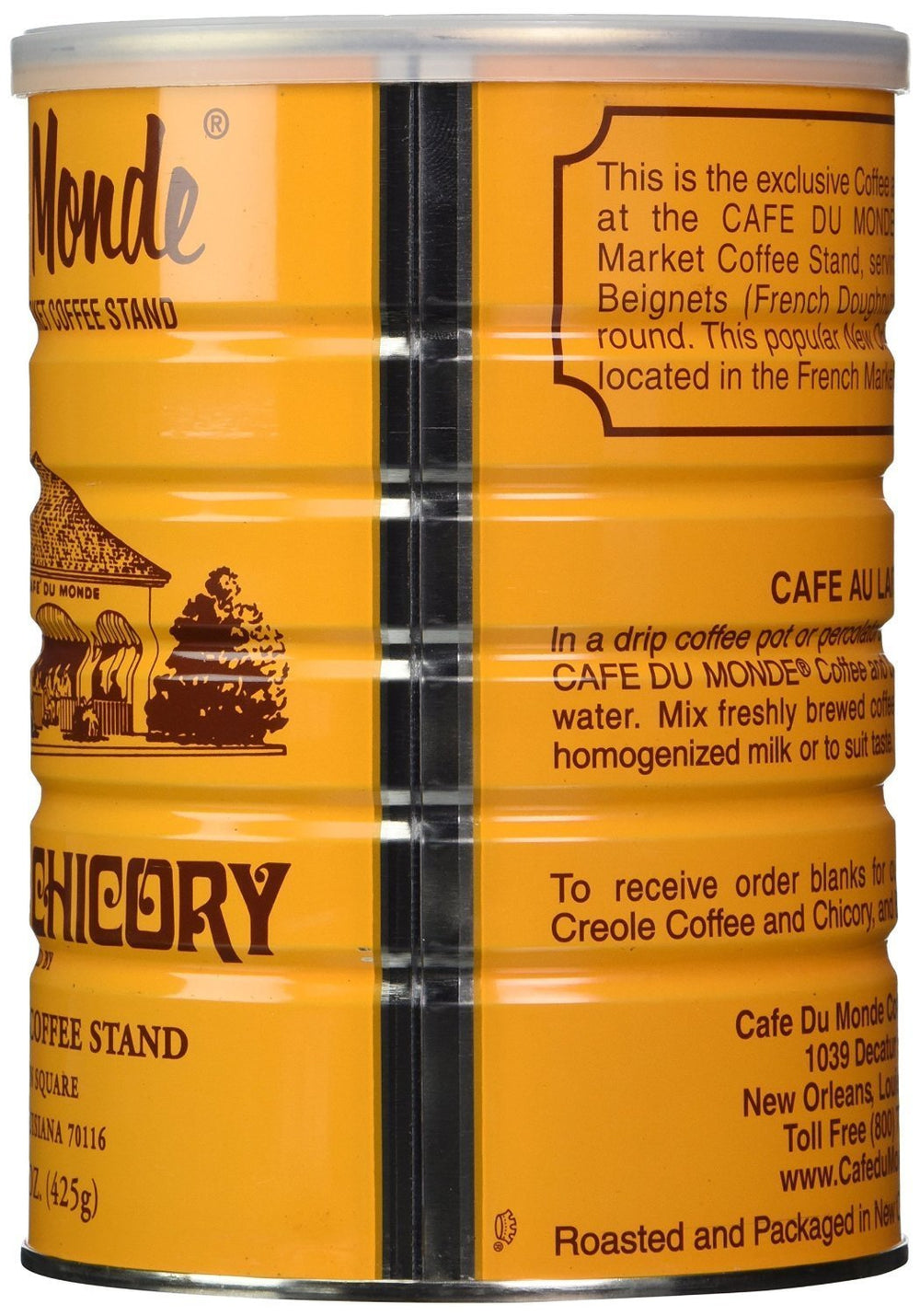 Cafe Du Monde latas junto a regla para comparar tamaño y peso práctico