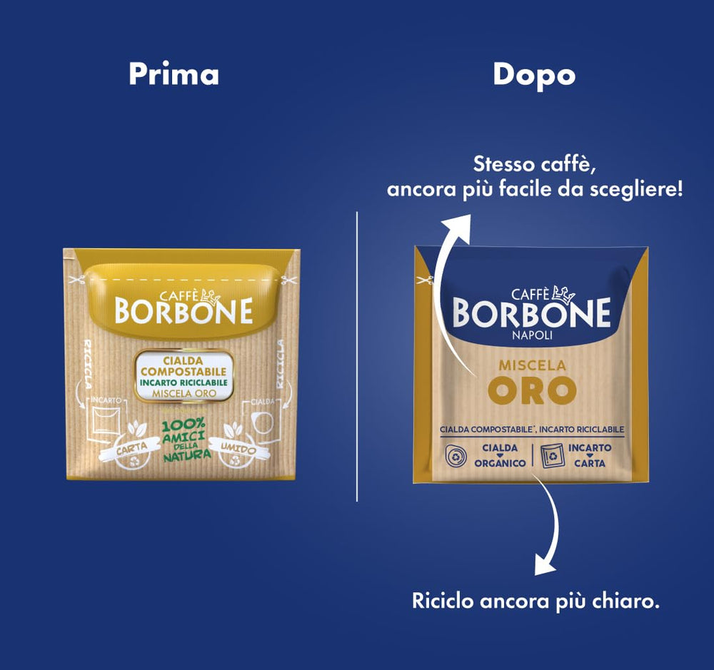 Caffè Borbone empaque abierto mostrando pods individuales, almacenamiento organizado