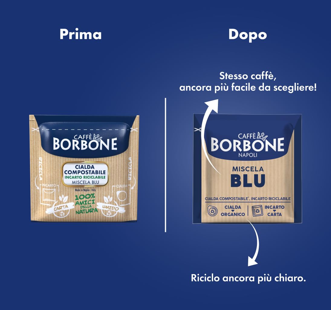 Caja abierta mostrando 150 cápsulas Caffè Borbone, facilidad de almacenamiento