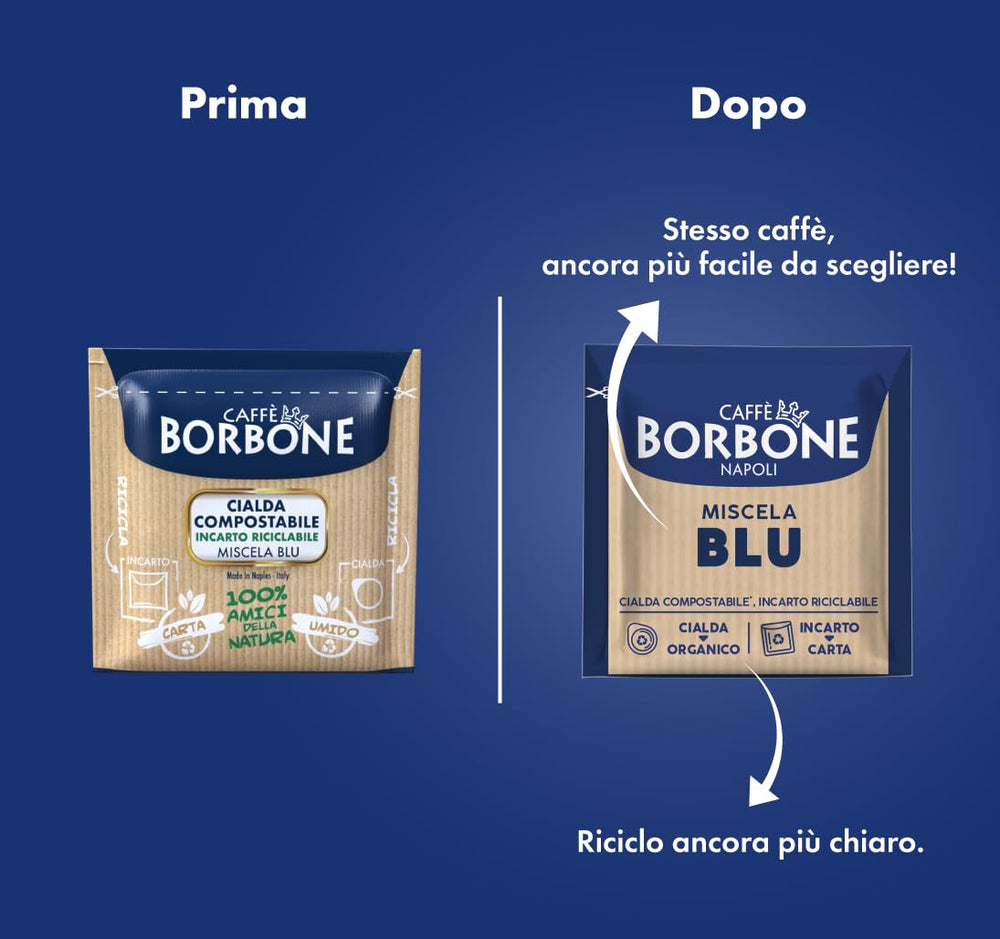 Caja abierta mostrando 150 cápsulas Caffè Borbone, facilidad de almacenamiento