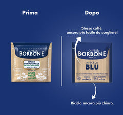 Caja abierta mostrando 150 cápsulas Caffè Borbone, facilidad de almacenamiento