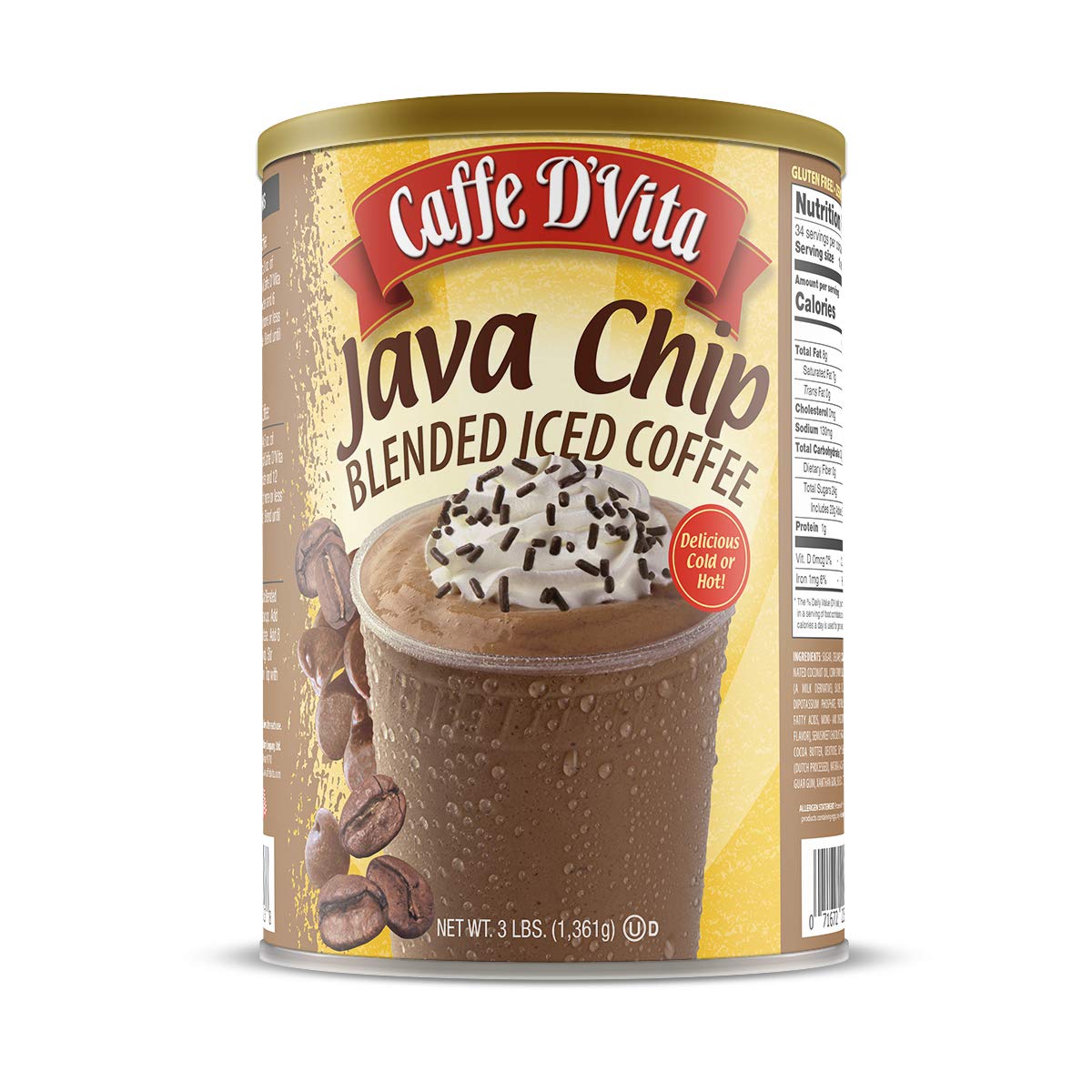 Caffe D'Vita lata frontal muestra etiqueta y beneficios para servir muchas porciones
