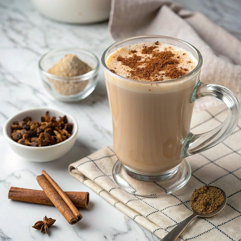 Caffe D'Vita vaso servido de chai latte espumoso mostrando apariencia cremosa