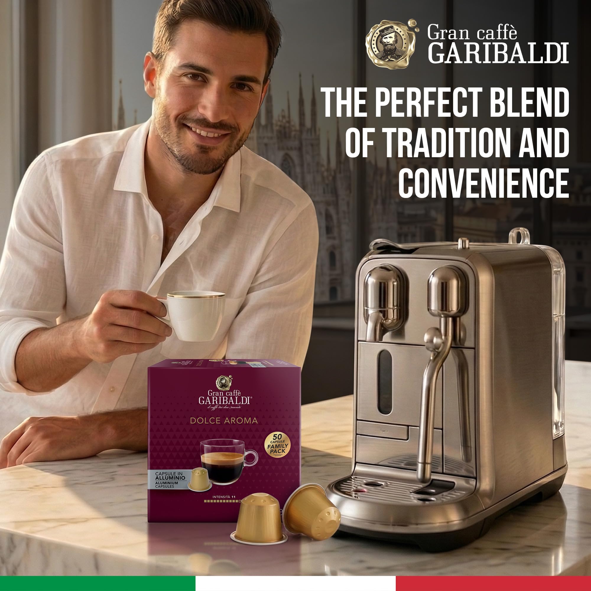 Caffè Garibaldi cápsula en máquina Nespresso en acción y beneficio extracción limpia