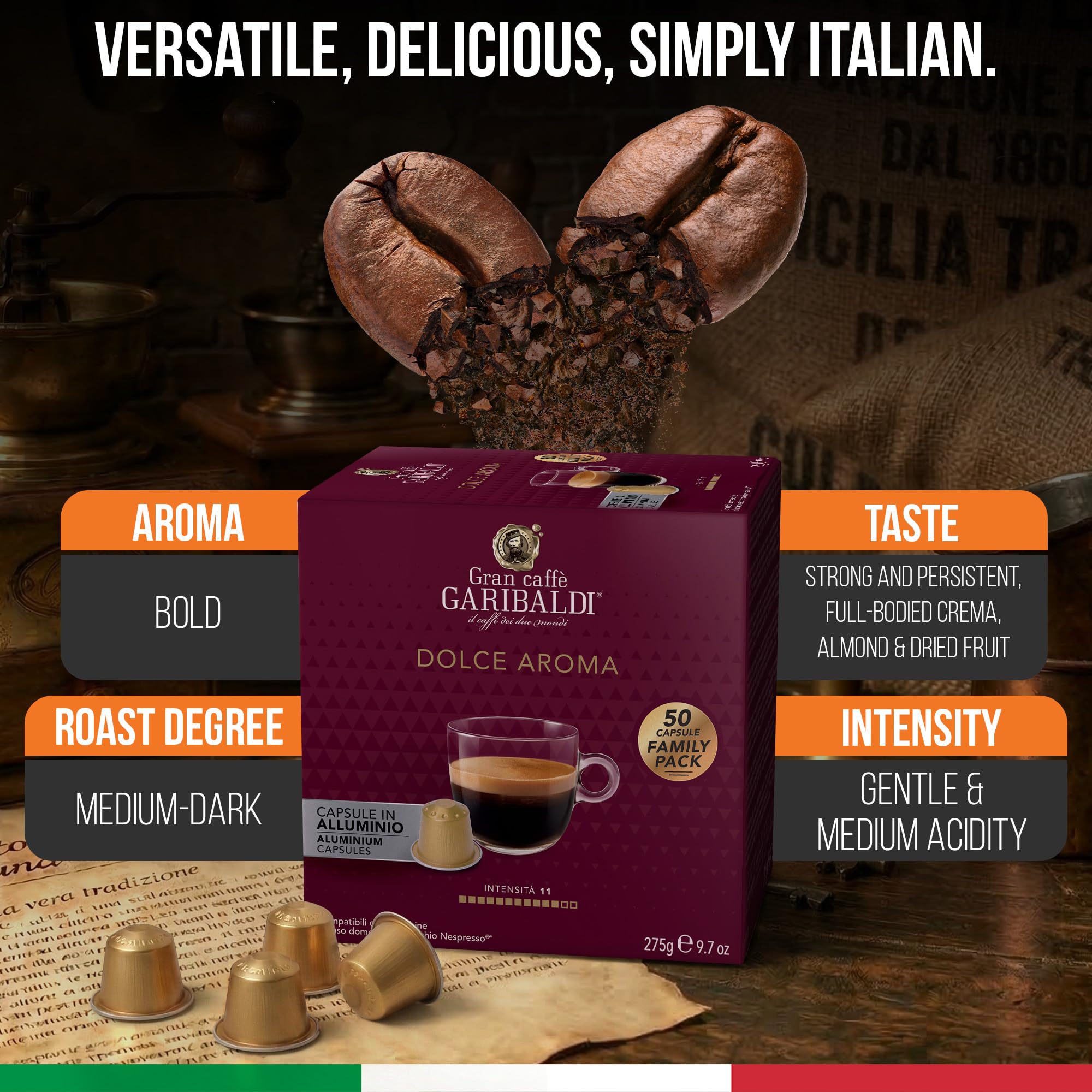 Caffè Garibaldi cápsula primer plano con diseño y beneficio aroma conservado