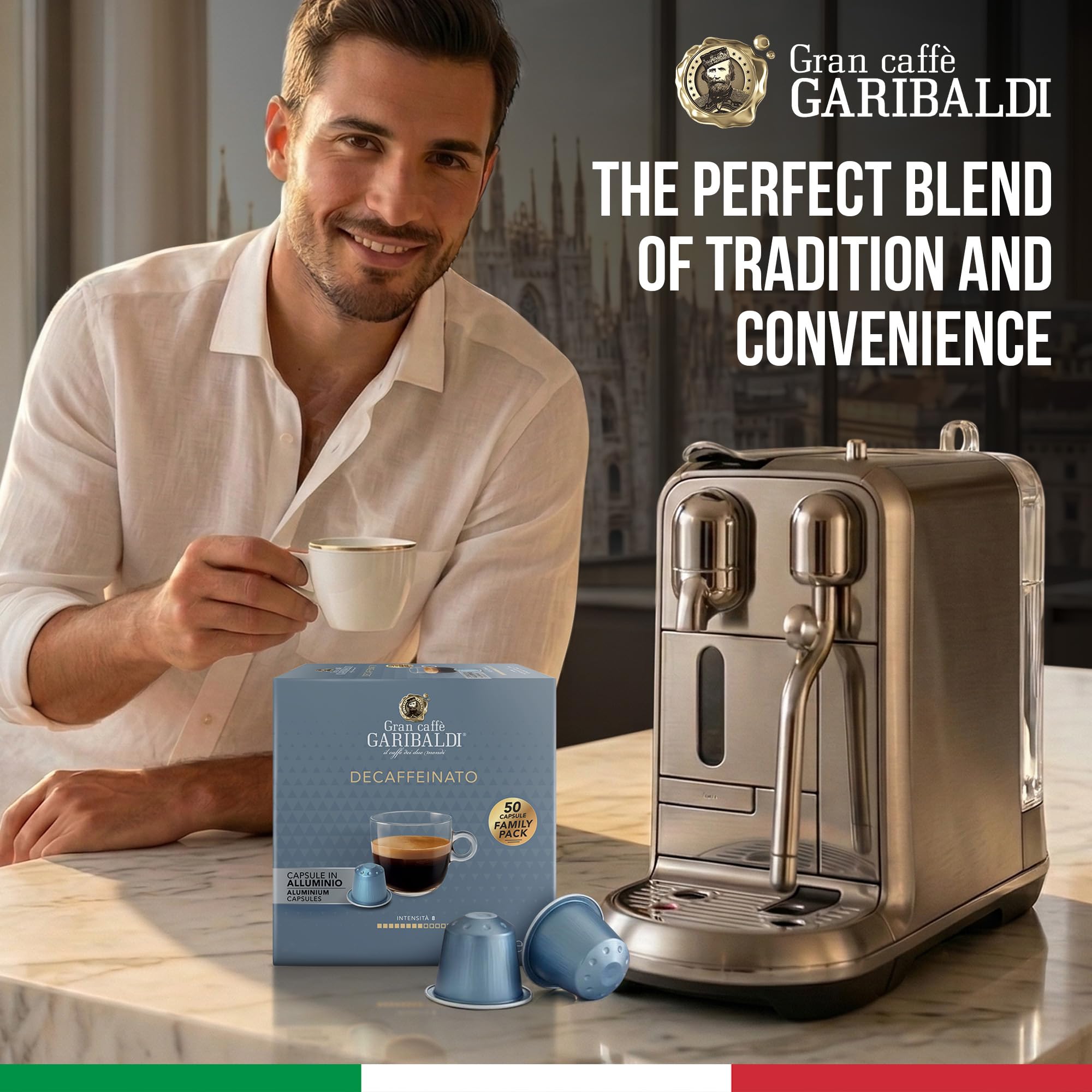 Caffè Garibaldi cápsula colocada en máquina Nespresso Original lista para extraer