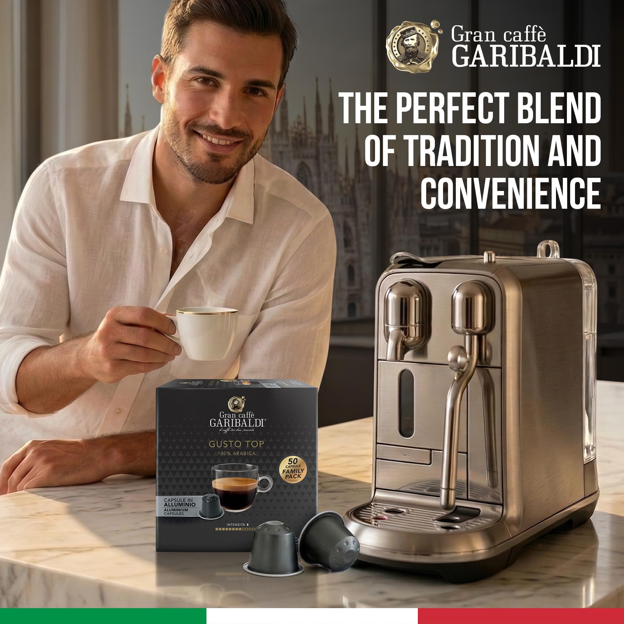 Caffè Garibaldi taza de espresso en desayuno estilizado, beneficio experiencia italiana