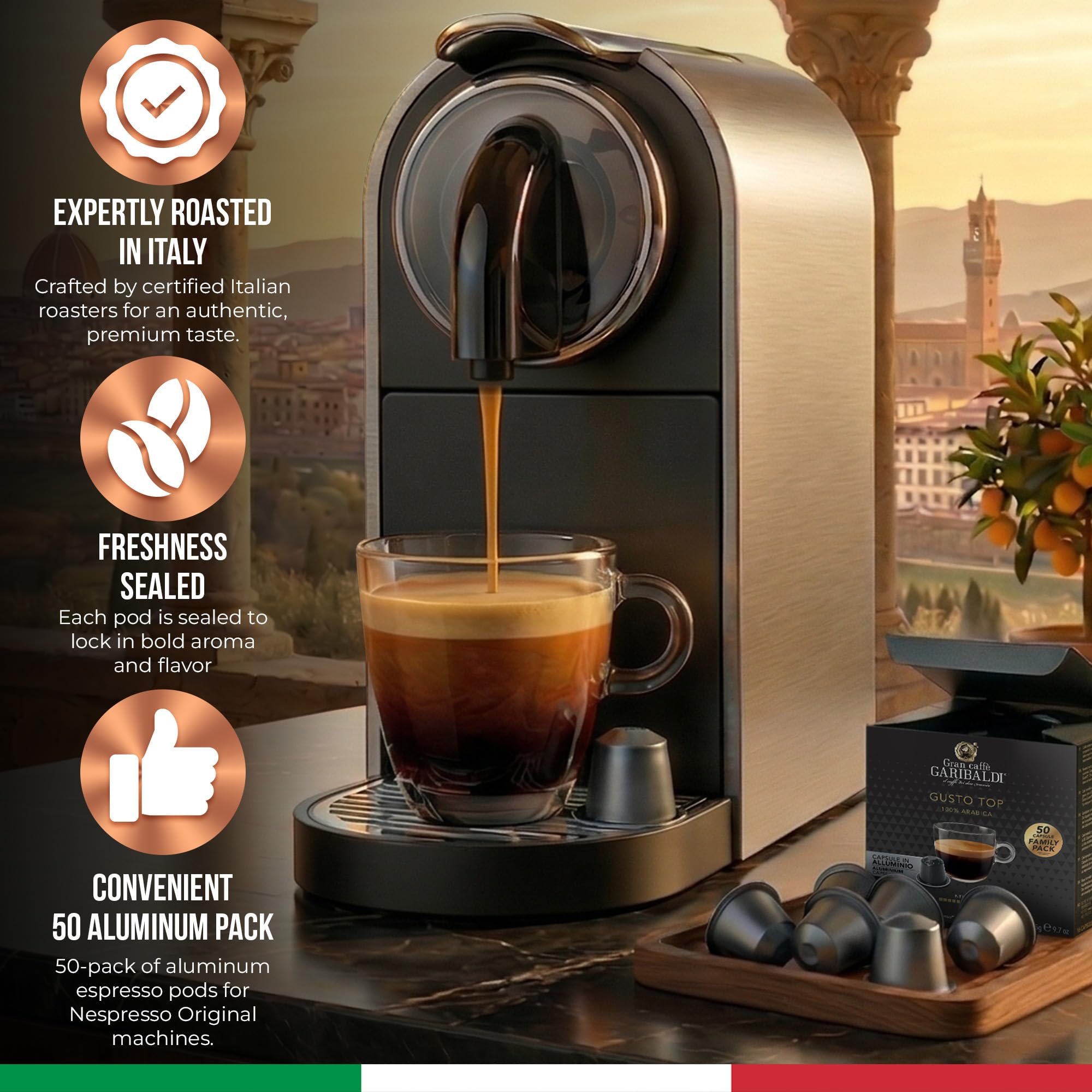 Caffè Garibaldi vertido de espresso desde la máquina, beneficio crema estable