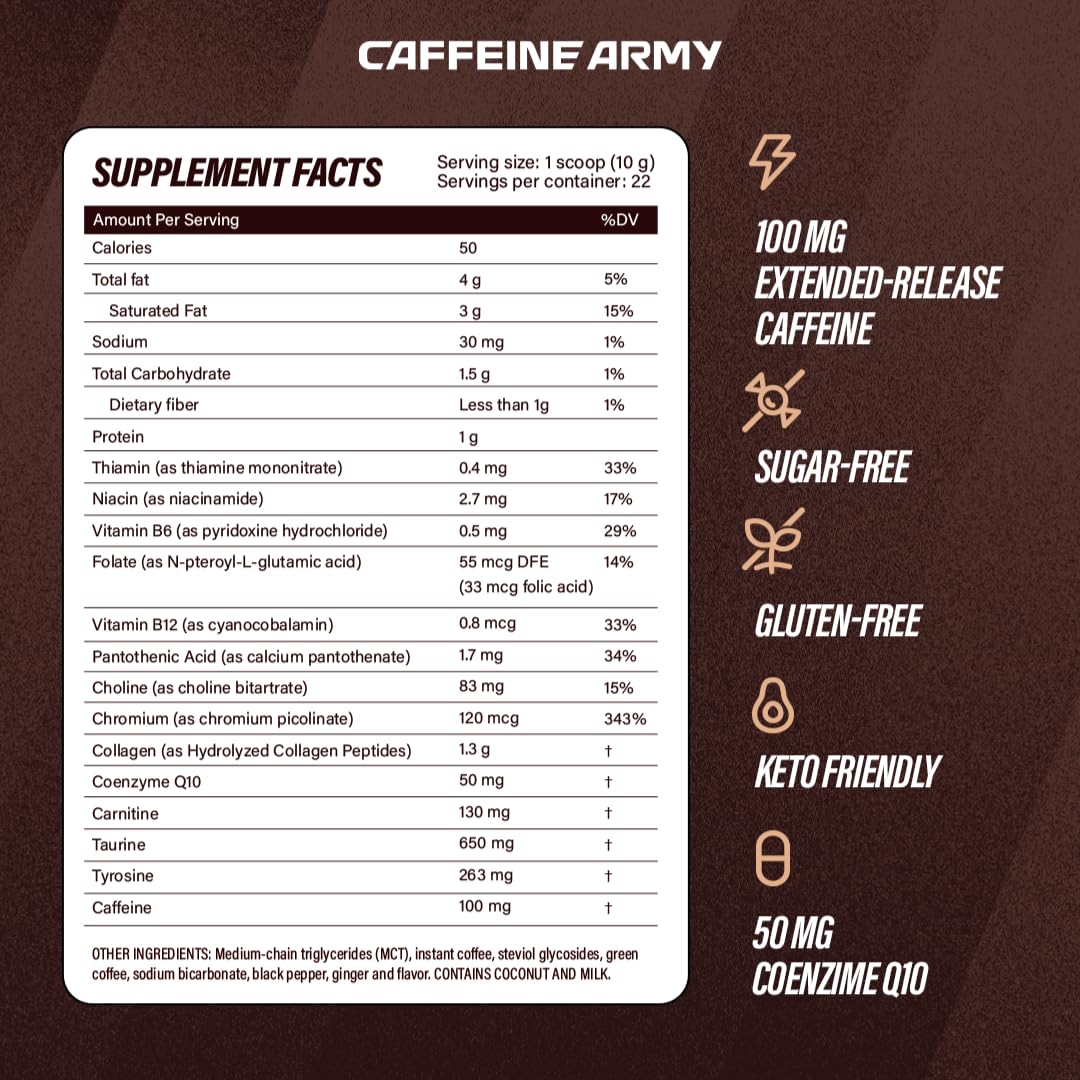 CAFFEINE ARMY etiqueta nutricional enfocada en ingredientes limpios y ausencia de gluten