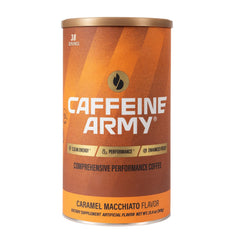CAFFEINE ARMY frente del envase mostrando sabor caramelo macchiato y beneficio energía sostenida