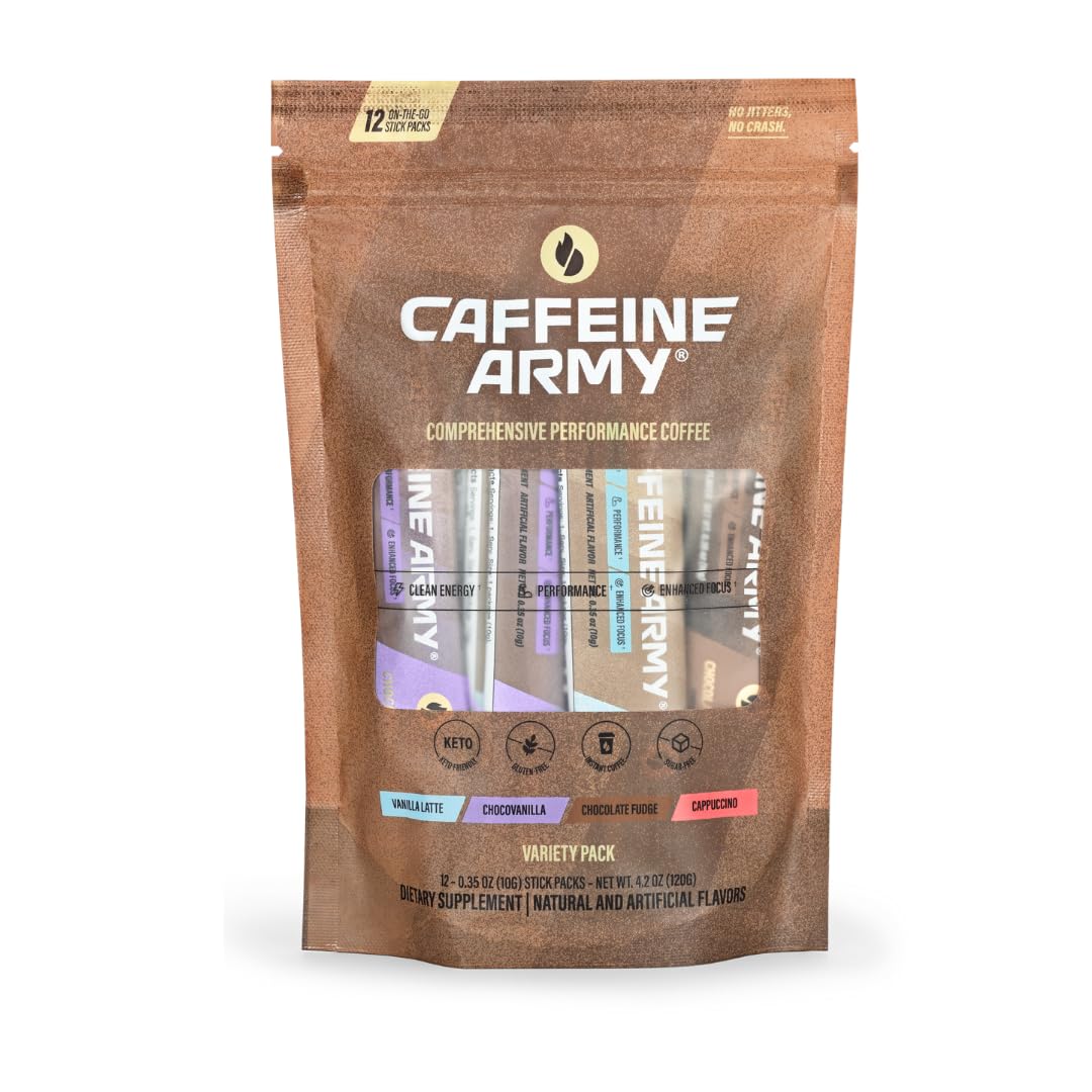 CAFFEINE ARMY pack frontal mostrando los 12 sticks y variedad de sabores