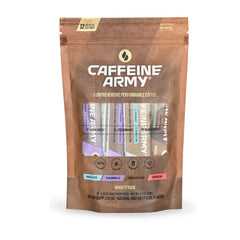 CAFFEINE ARMY pack frontal mostrando los 12 sticks y variedad de sabores