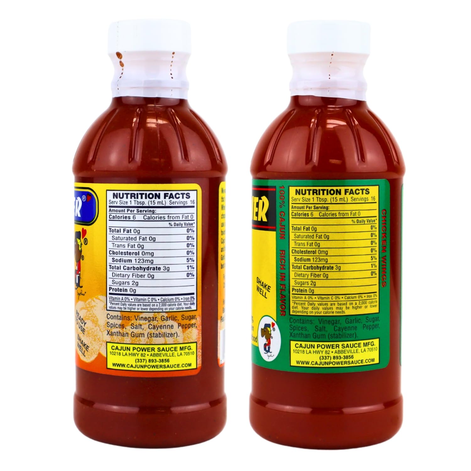 Cajun Power etiqueta y botella en primer plano con información visible