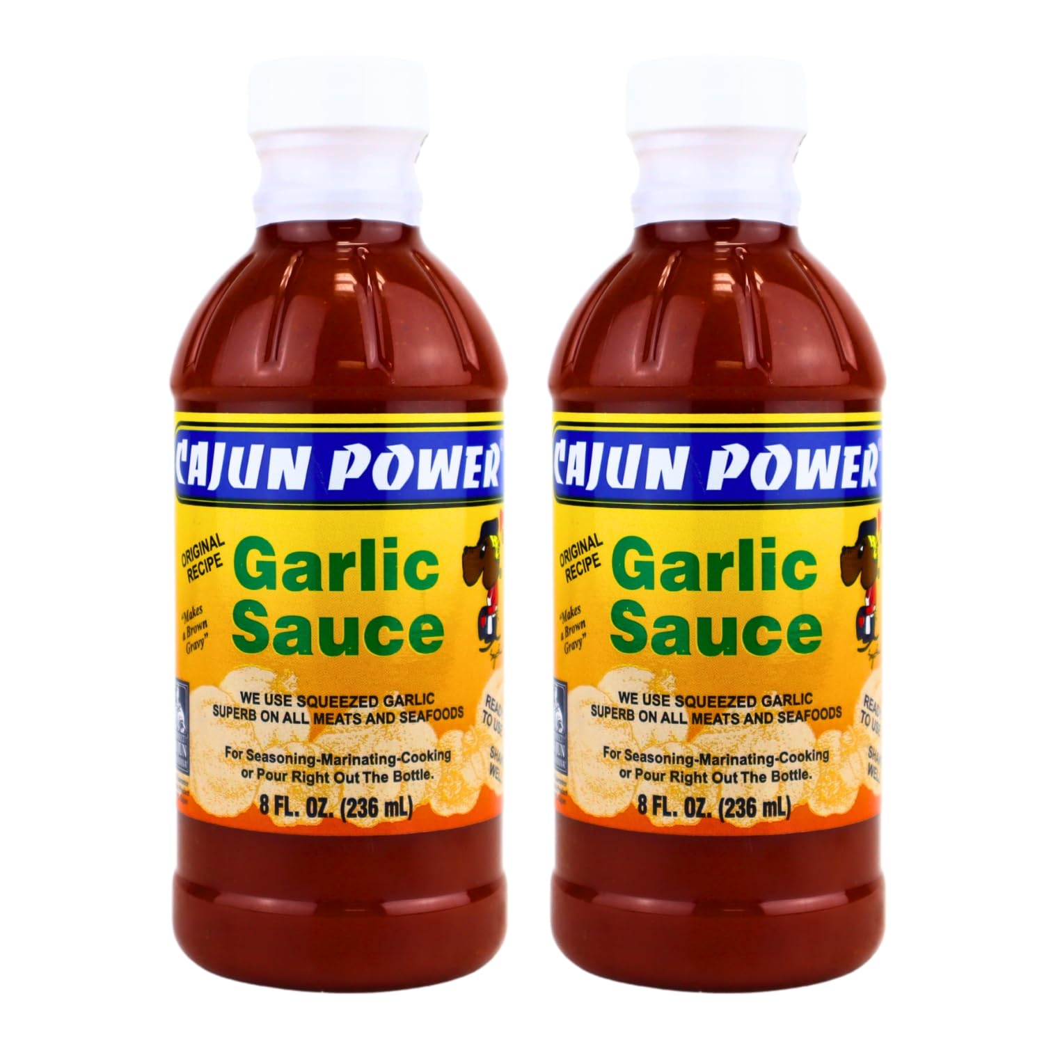 Cajun Power frente del paquete mostrando las dos botellas y etiqueta clara