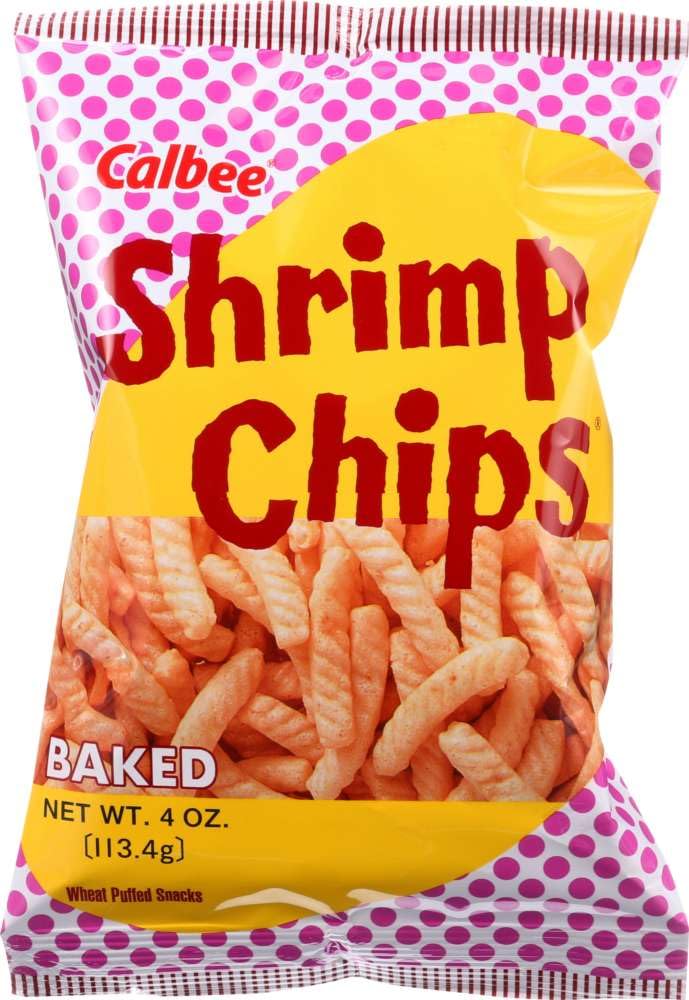 Calbee bolsa frontal con chips de camarón mostrando diseño y marca, ideal para compra