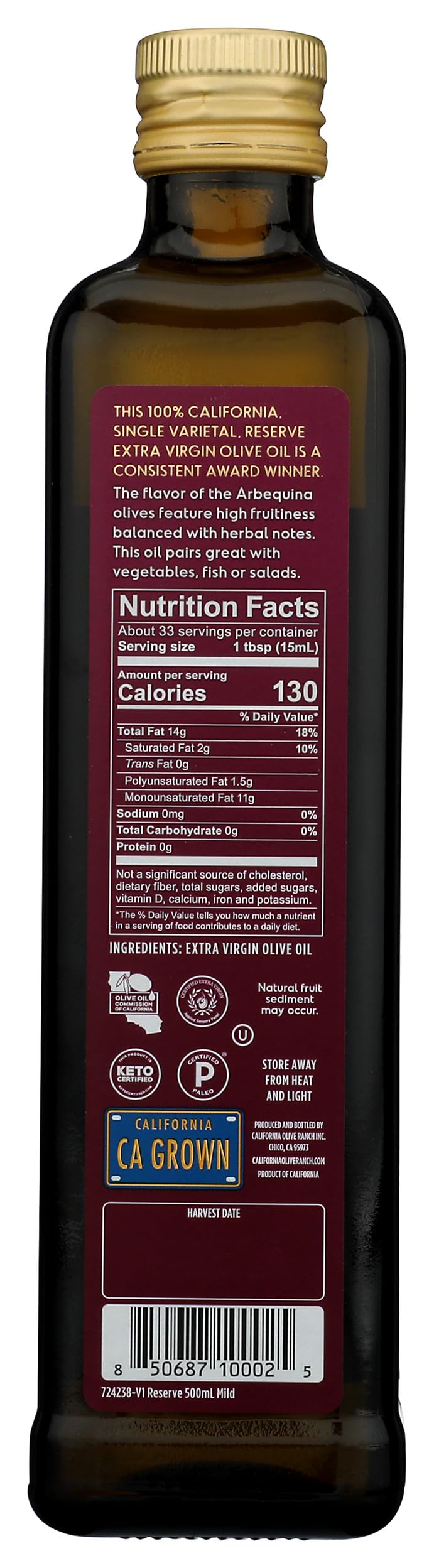 California Olive Ranch primer plano de la textura del aceite mostrando brillo y fluidez