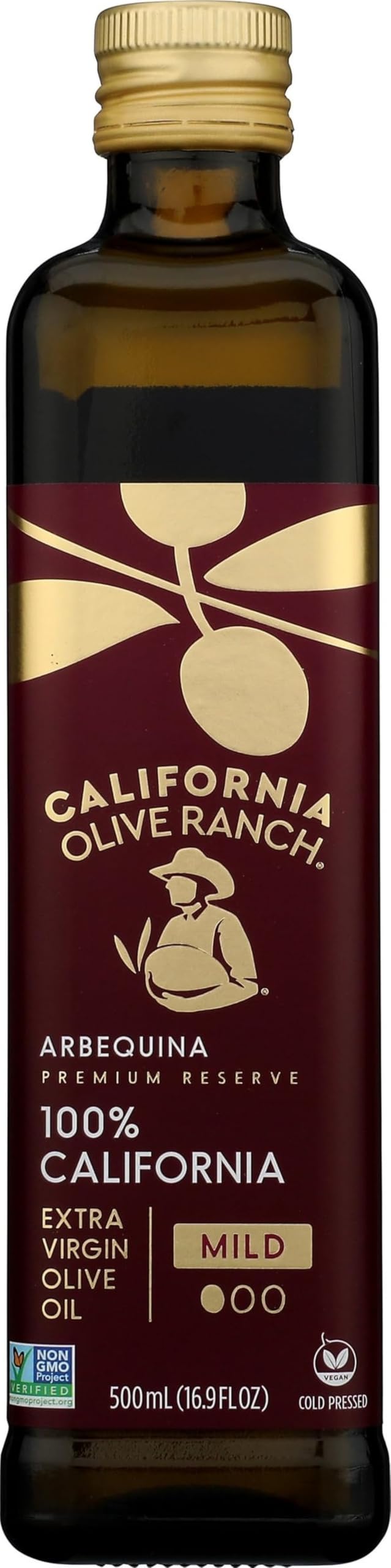 California Olive Ranch vista frontal de la botella y etiqueta premium que transmite calidad