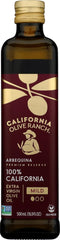 California Olive Ranch vista frontal de la botella y etiqueta premium que transmite calidad
