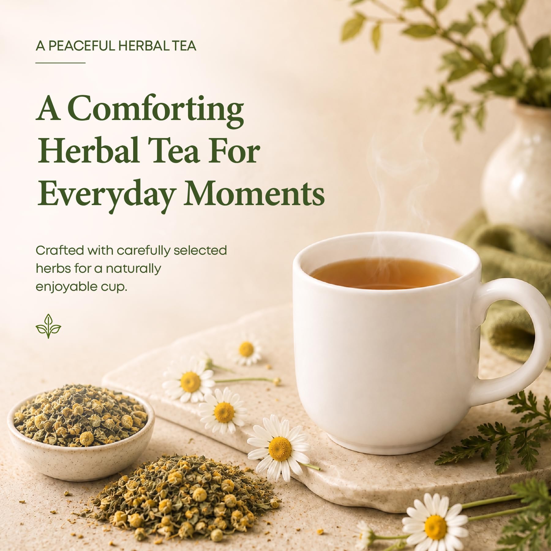 CALMING BLENDS comparación de tamaño del paquete junto a una taza para referencia visual