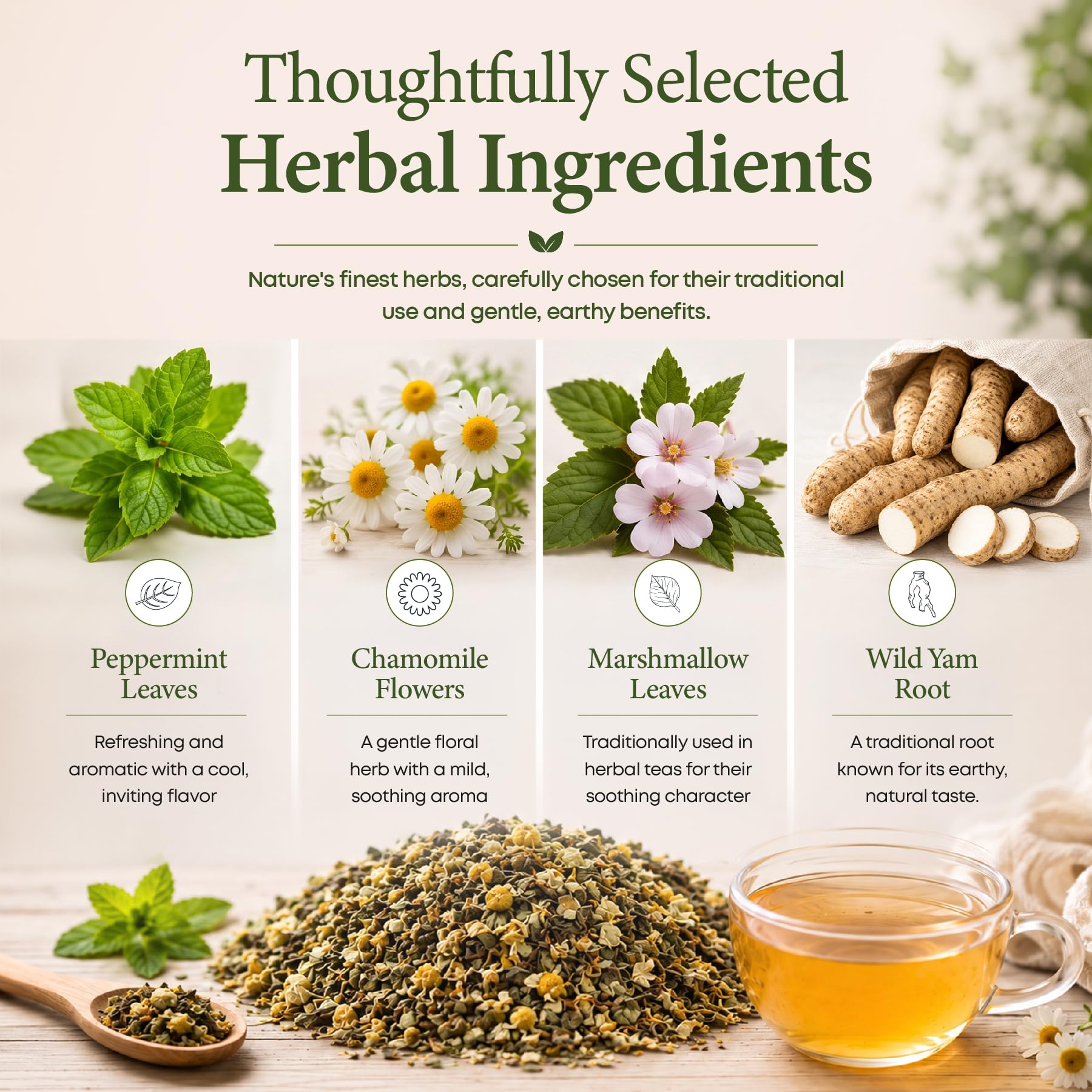 CALMING BLENDS escena de cocina relajada con el té en uso, inspira uso diario tranquilo