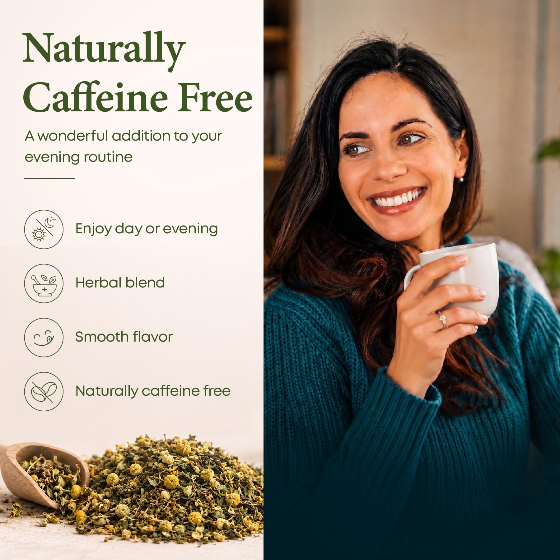 CALMING BLENDS taza en mano con té caliente, sugiere confort digestivo tras las comidas