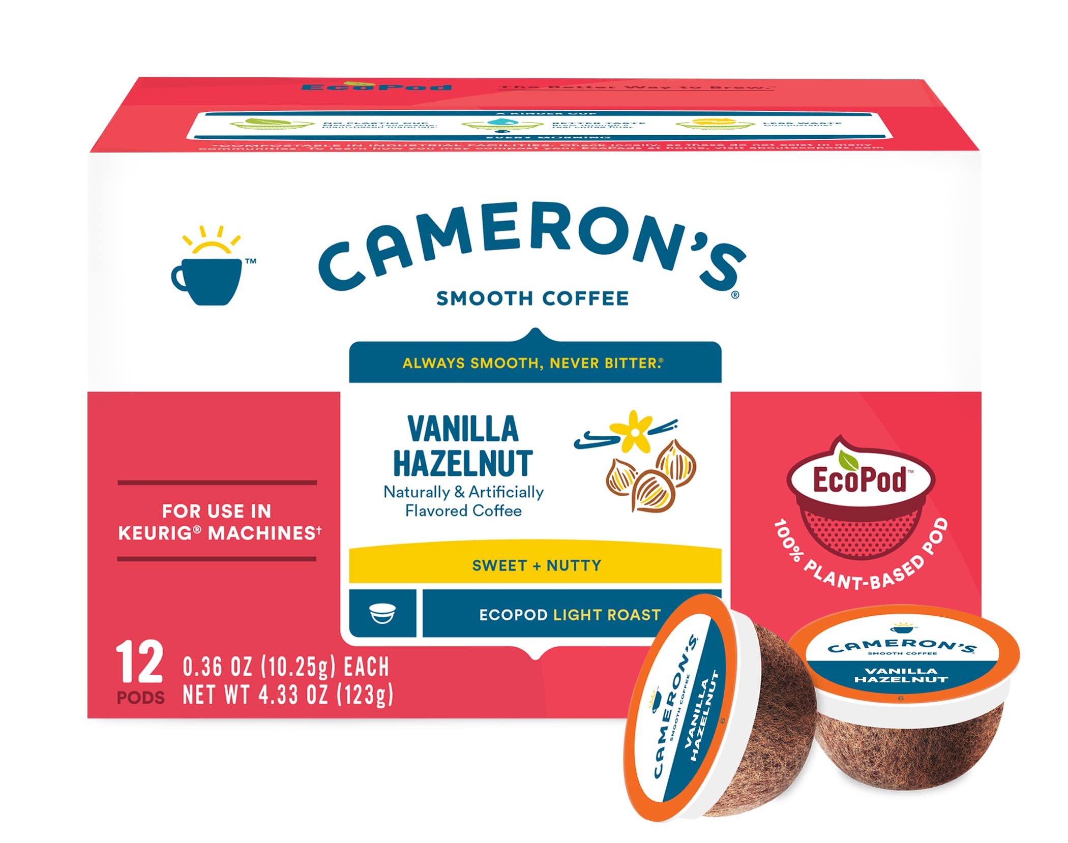 Cameron's Coffee caja abierta con 12 cápsulas, contenido claro