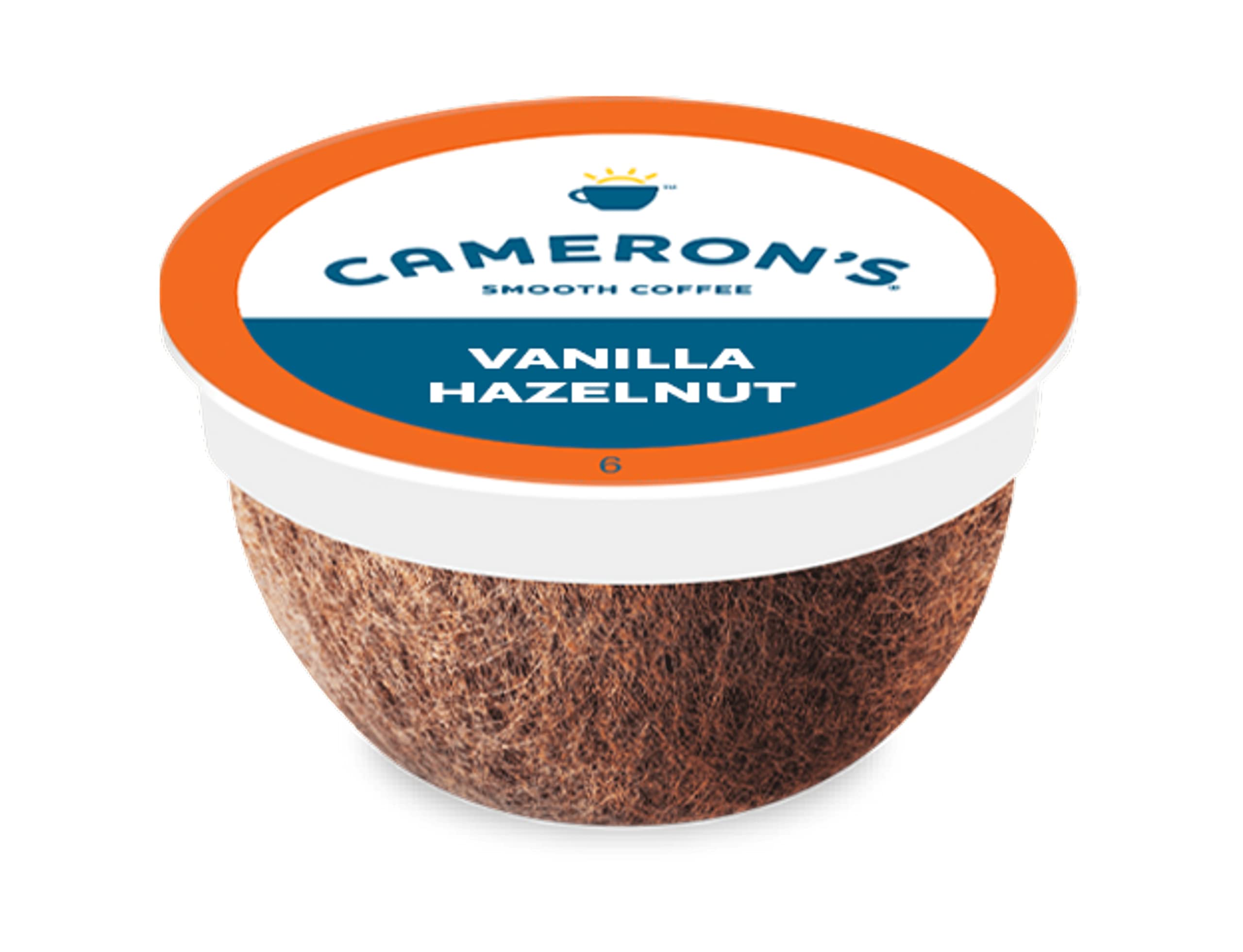 Cameron's Coffee frente del empaque con cápsulas, conveniencia visible