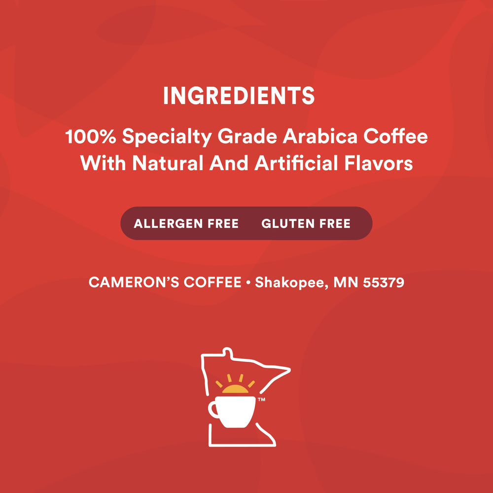 Cameron's Coffee comparación de tamaño 12oz junto a objetos cotidianos, muestra porción real