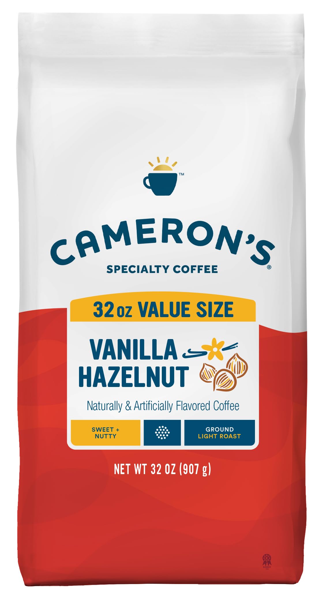 Cameron's Coffee vista frontal del empaque que muestra el sabor y beneficio de frescura