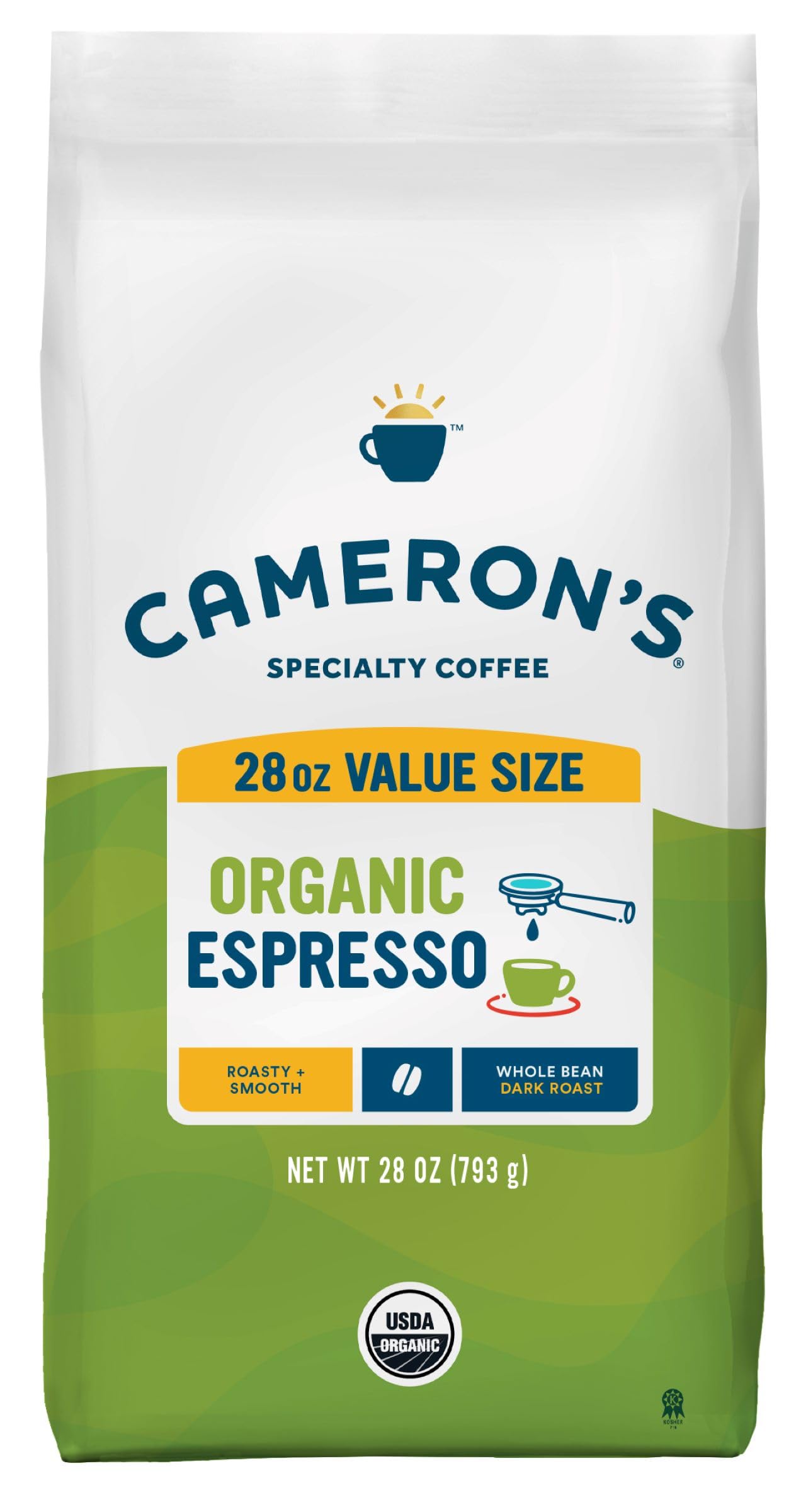 Cameron's Coffee bolsa frontal 28 oz mostrando sello y diseño, conserva frescura