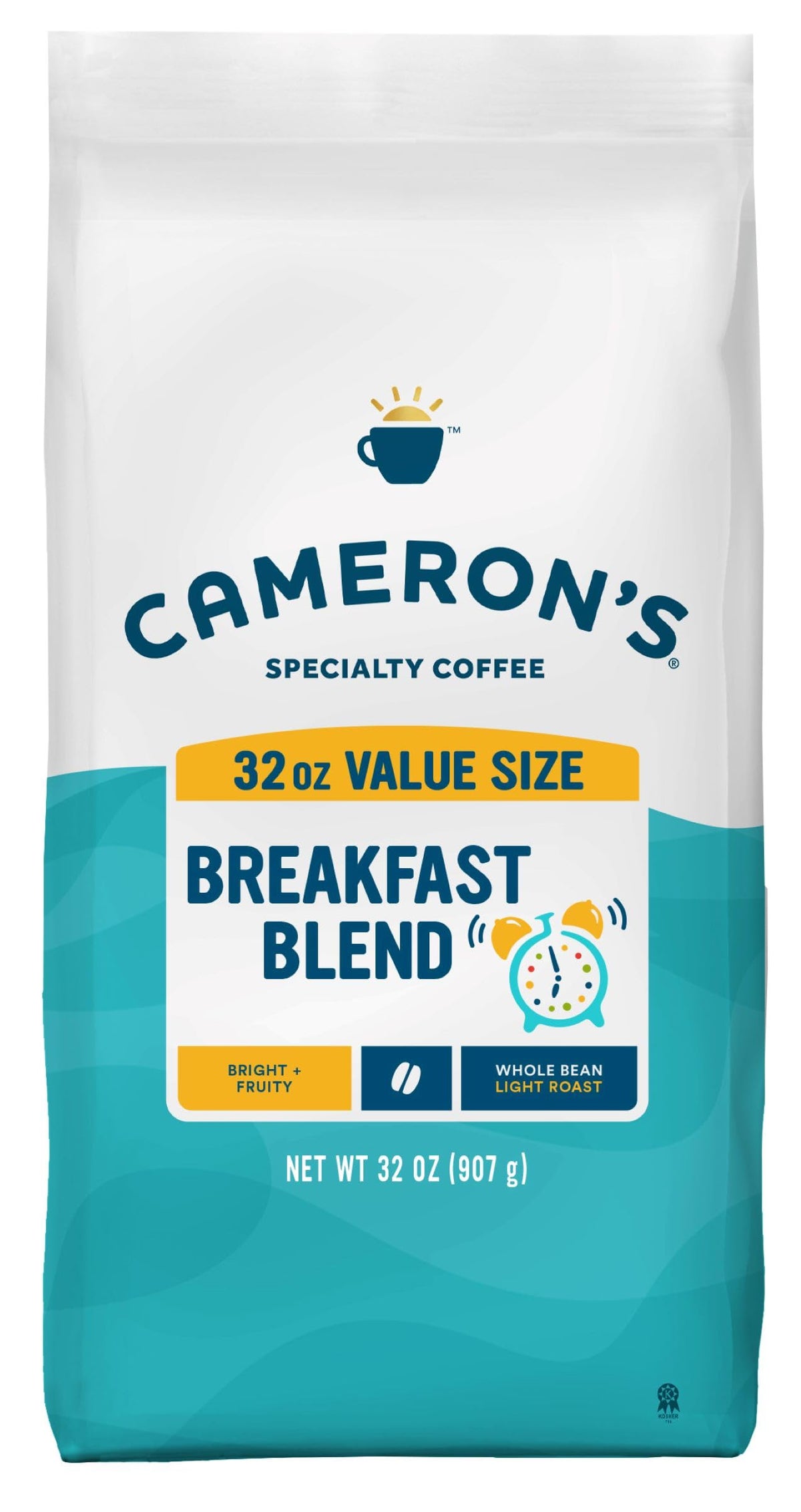 Cameron's Coffee paquete frontal mostrando tamaño y diseño, conveniencia de 32 oz