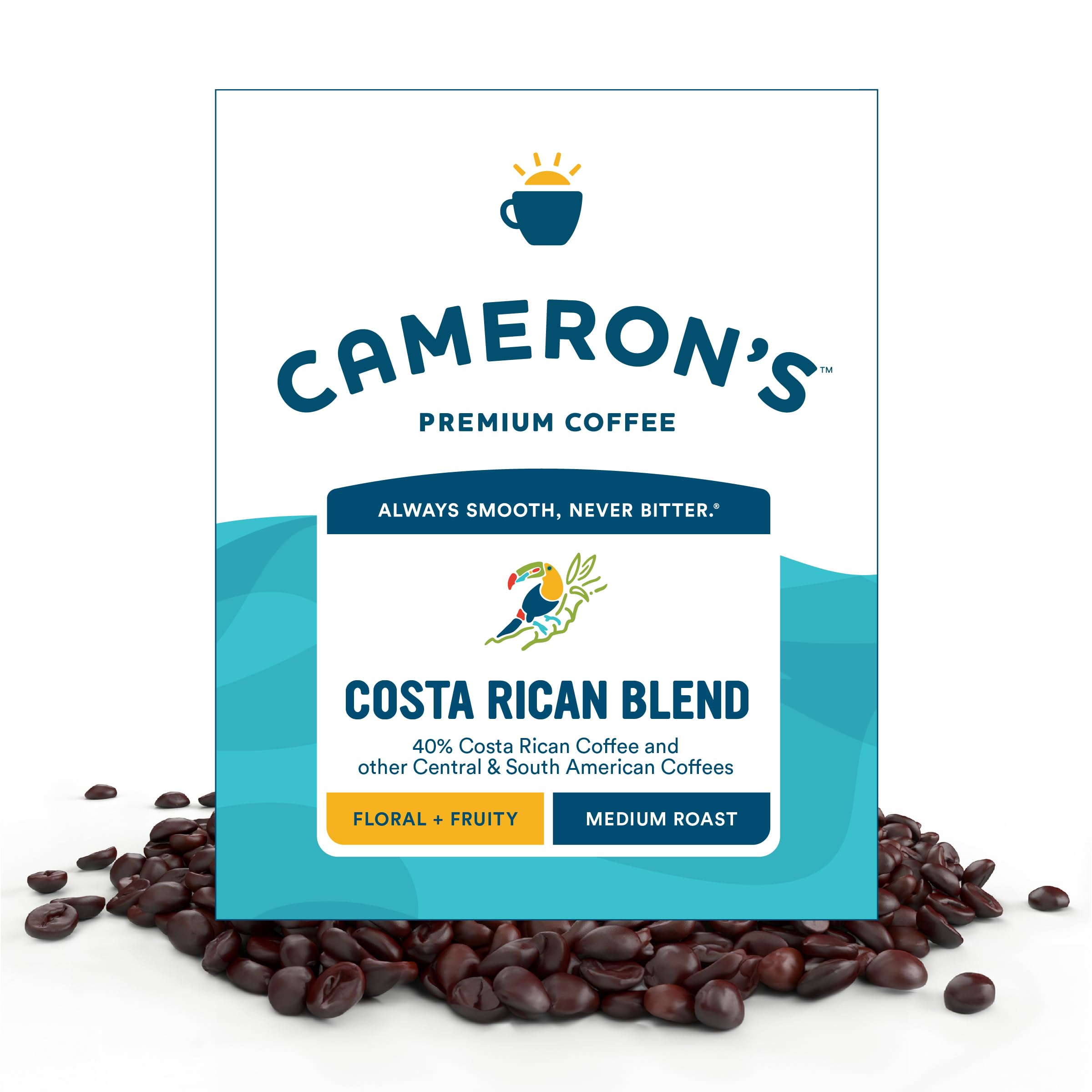 Cameron's Coffee frente del paquete mostrando diseño y tamaño práctico