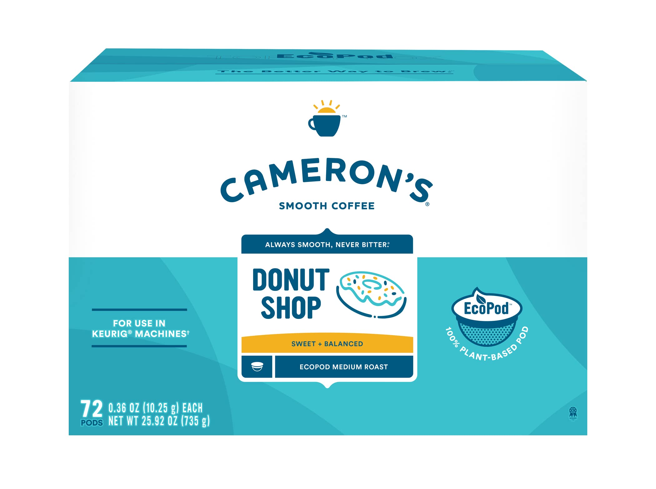 Cameron's Coffee caja frontal que muestra 72 cápsulas, conveniencia inmediata